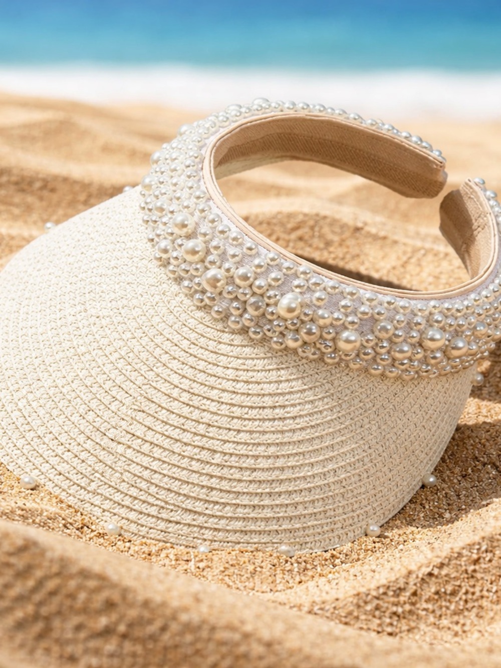 Straw Visor With Pearl Headband Beige One Size